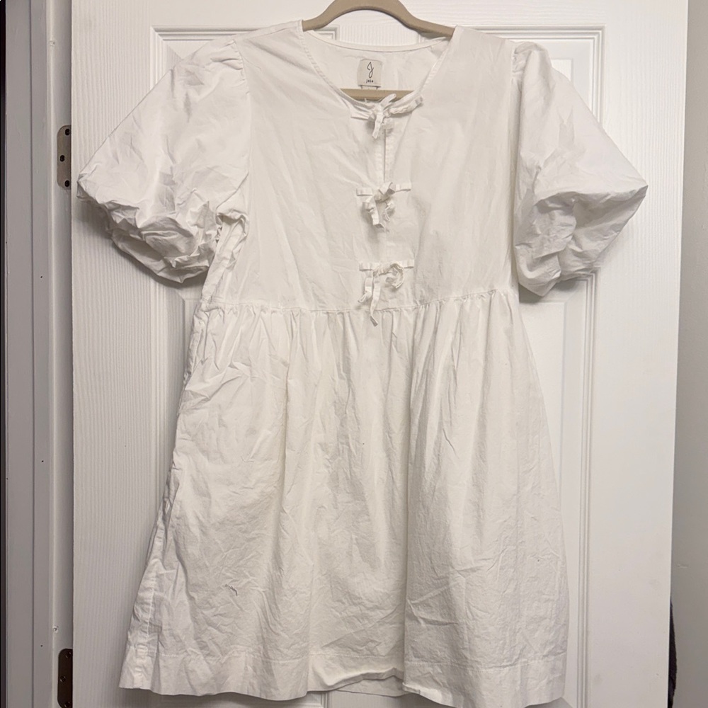 Joie White Puff Sleeves Midi Dress with Pockets